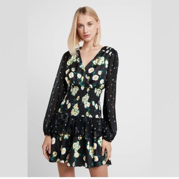 Foxiedox Women's Anemone Black Floral Mixed Print Long Sleeve Mini Dress L smock - Picture 8 of 9